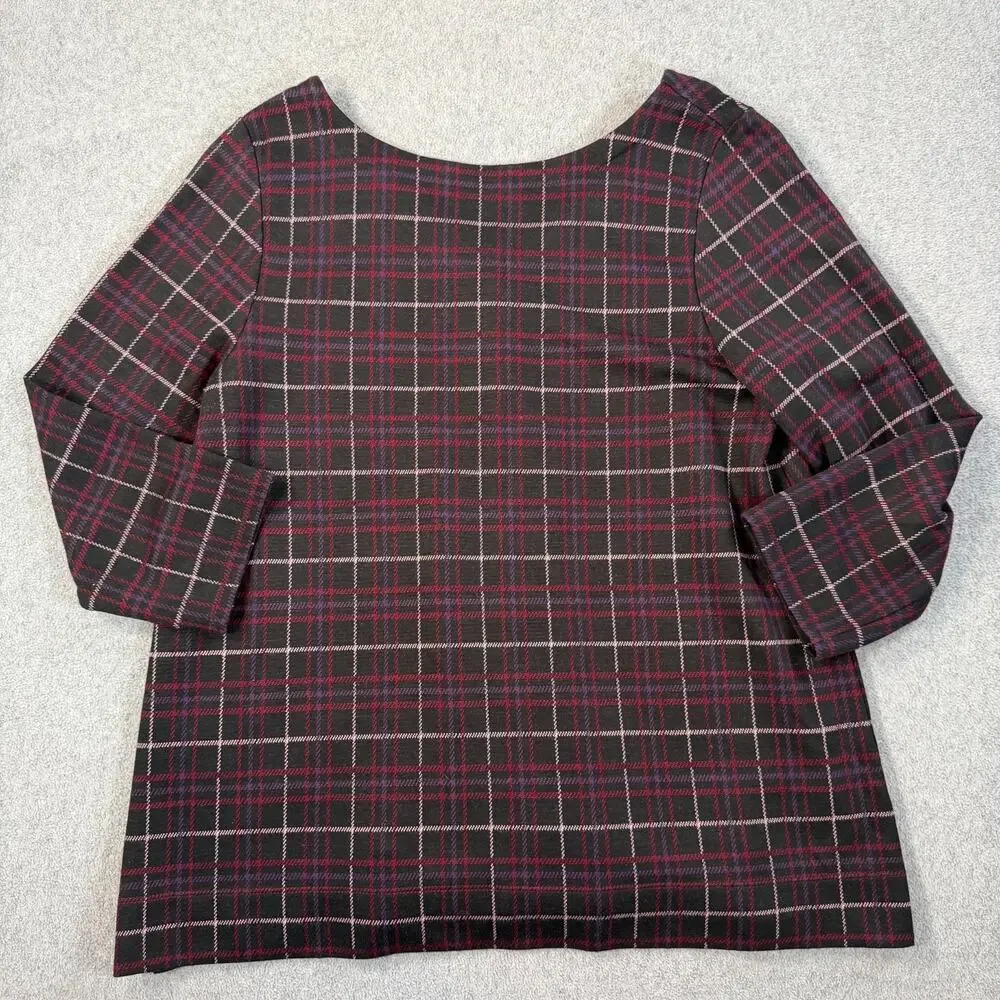 J.Jill Women’s Medium Plaid Ponte Shirt 3/4 Sleeve Button Pleat Black Red Purple